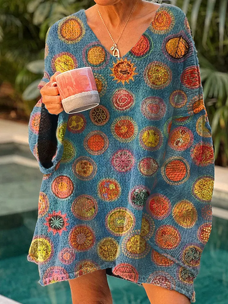Women's Vintage Abstract Geometric Art Print Casual Pullover Sweater