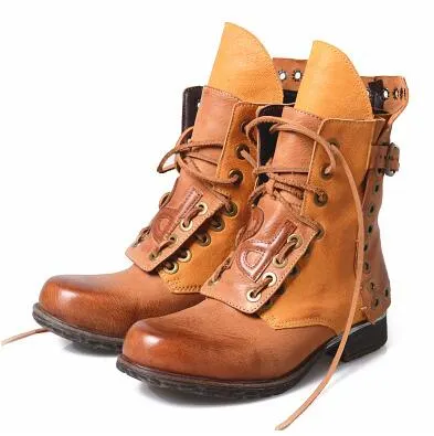VCSHOES Burgurdy Brown Front Zip Buckles Genuine Leather Girls Gradient Short Boots Round Toe Flat Ankle Boots