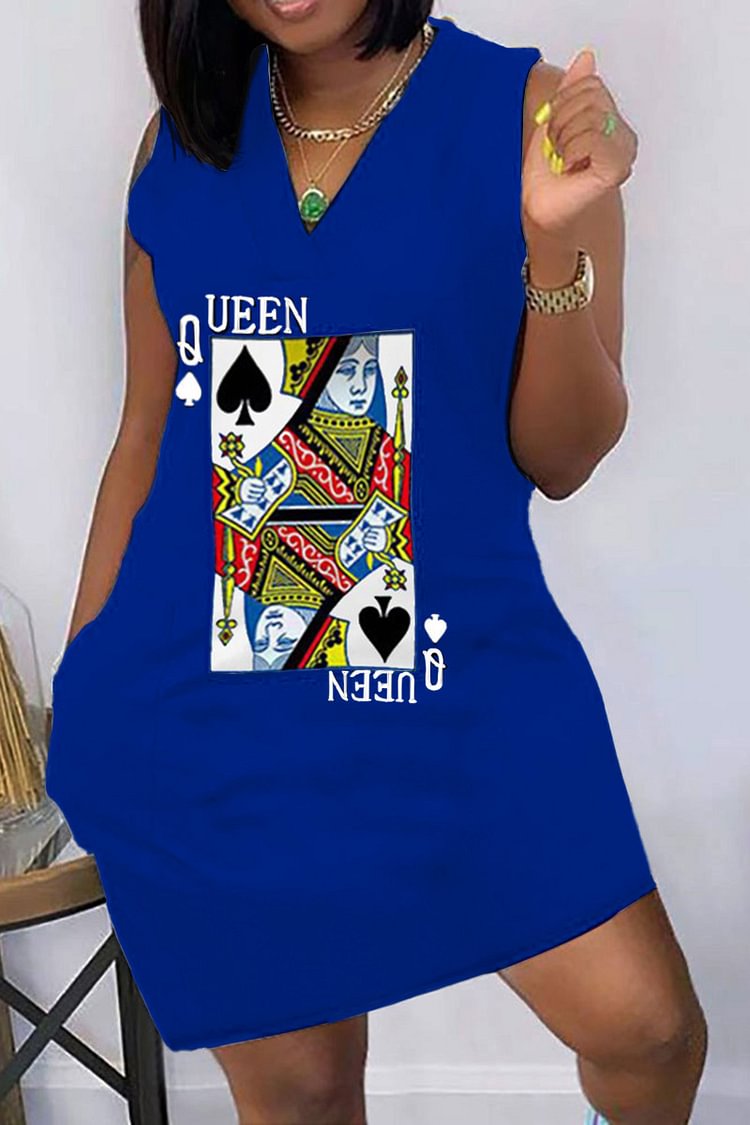 Plus Size White Blue V-neck Poker Print Mini Dress [Pre-Order]