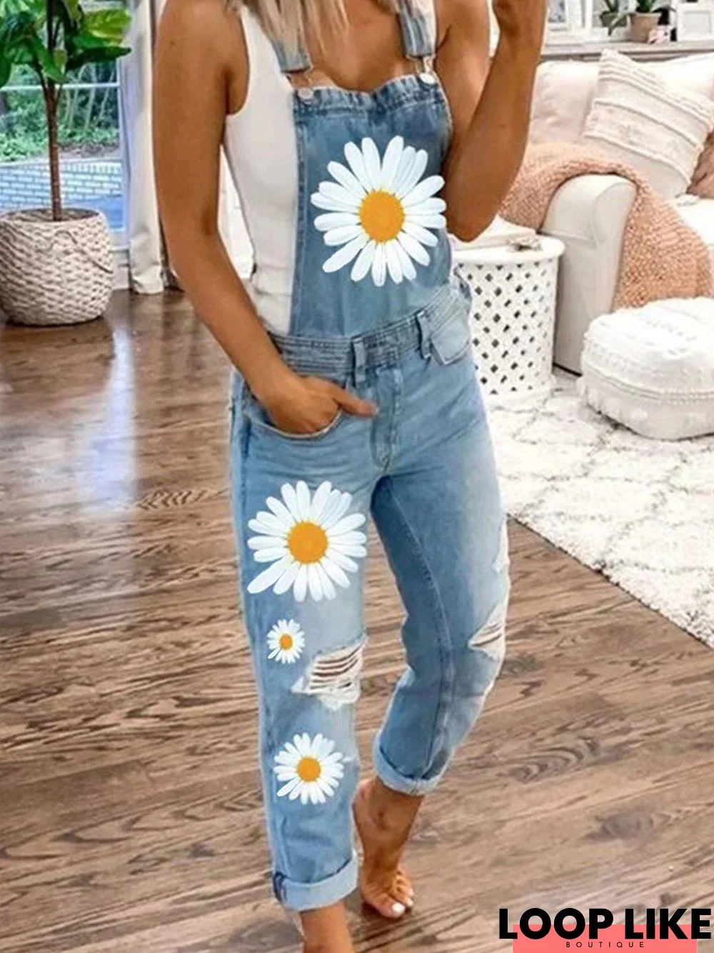 Denim Casual Plus Size Daisy Floral Printed Overalls Jumpsuit Jumpsuit & Romper