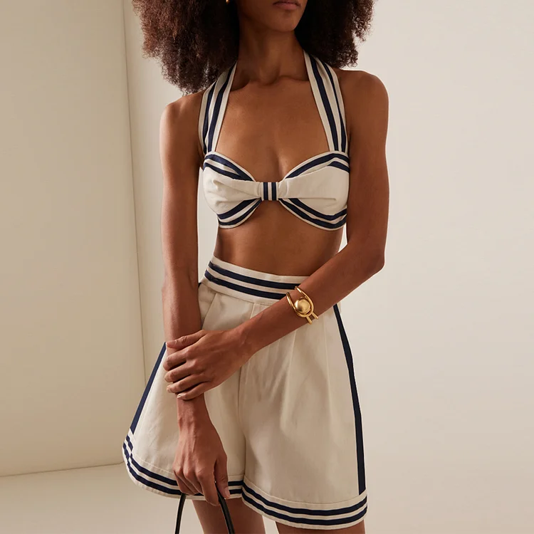 Navy Style Printed Bikini Swimsuit and Shorts
