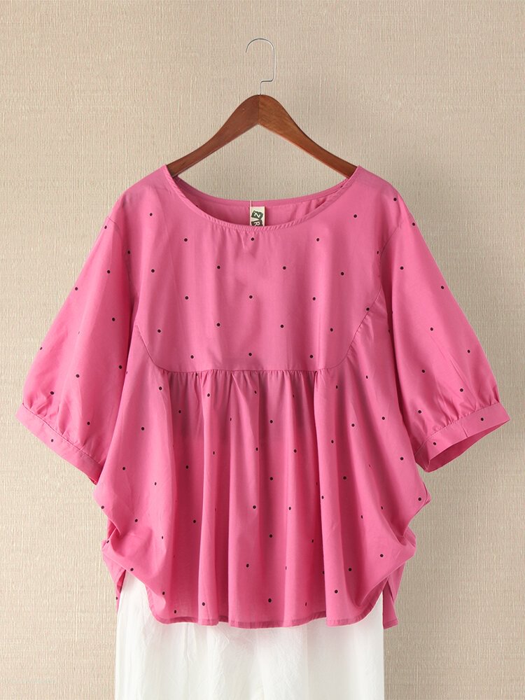 Polka Dot O neck Pleated Casual Blouse For Women P1719498