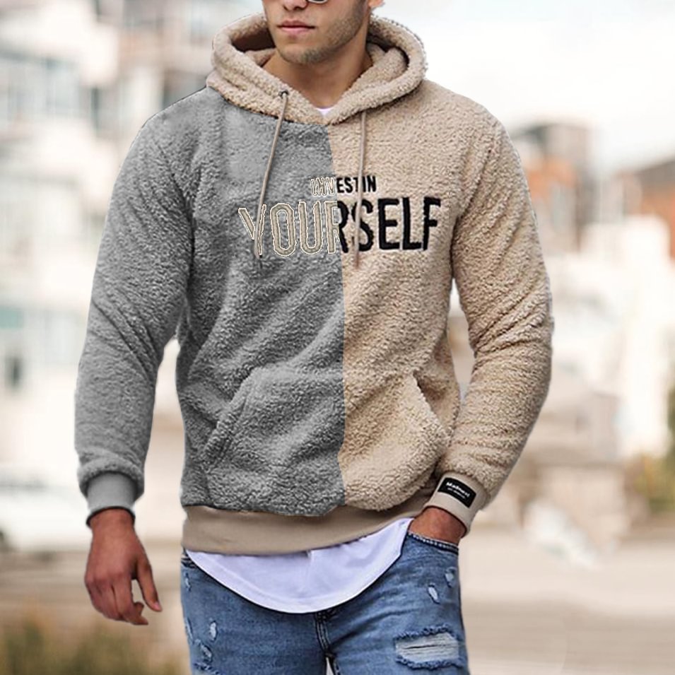 New Men's Stitching Contrast Pattern Embroidery Hooded Sweater