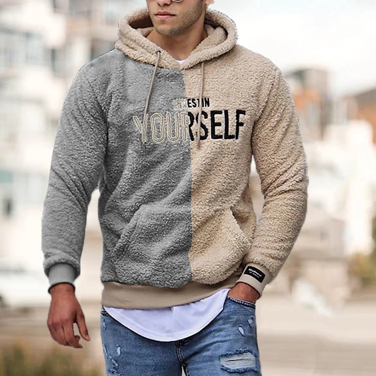 Invest In Yourself Print Color Block Fleece Hoodie