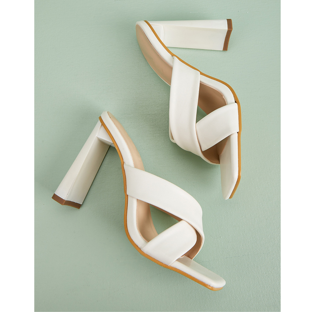 Square Toe Block Heel Cross Strap Sandals Leather Slippers