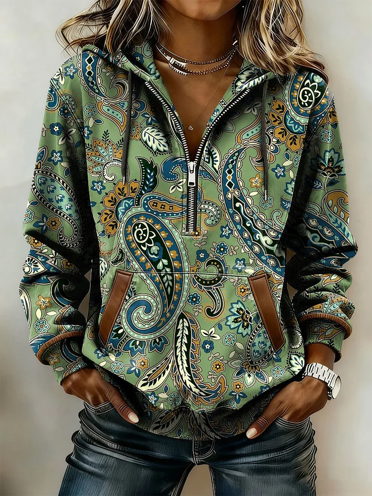 Women's Casual Retro Western Zipper Thick Sweatshirt 