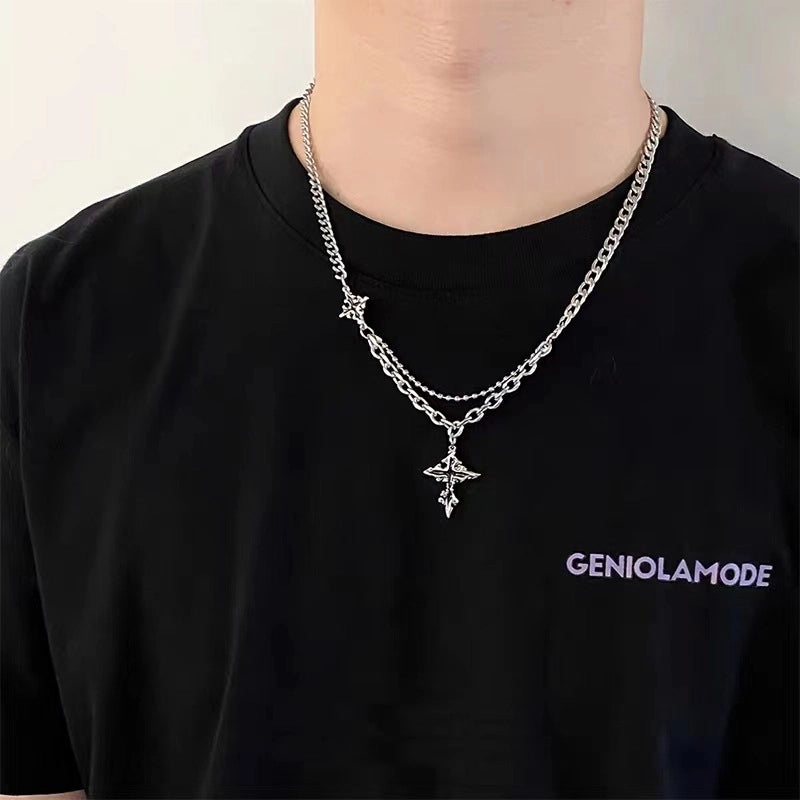 Hip-Hop Retro Cross Titanium Steel Irregular Polishing Men's Layered Necklaces