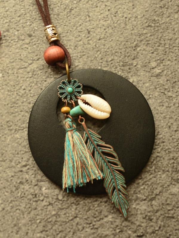 Vintage Floral Feather Tassel Long Necklace