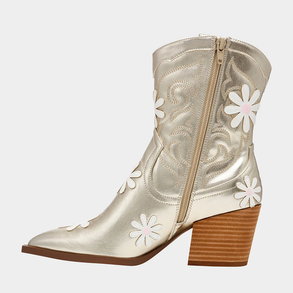 Champagne Pointed Toe Flower Stacked Heel Zipper Booties for Women