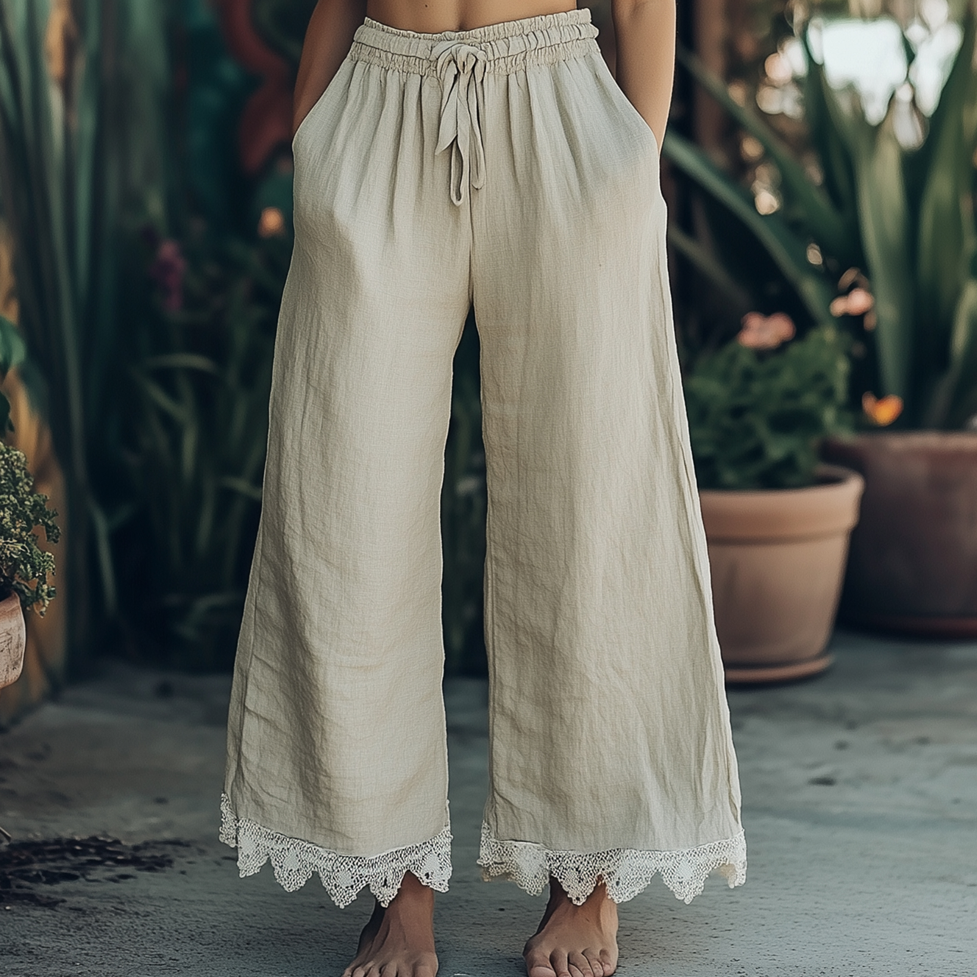 Women's Casual Vintage Cotton And Linen Lace Stitching Wide Leg Pants