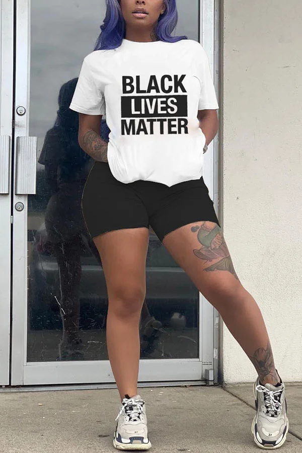 Black Polyester Fashion Casual Letter Print Two Piece Suits pencil Short Sleeve Two Pieces