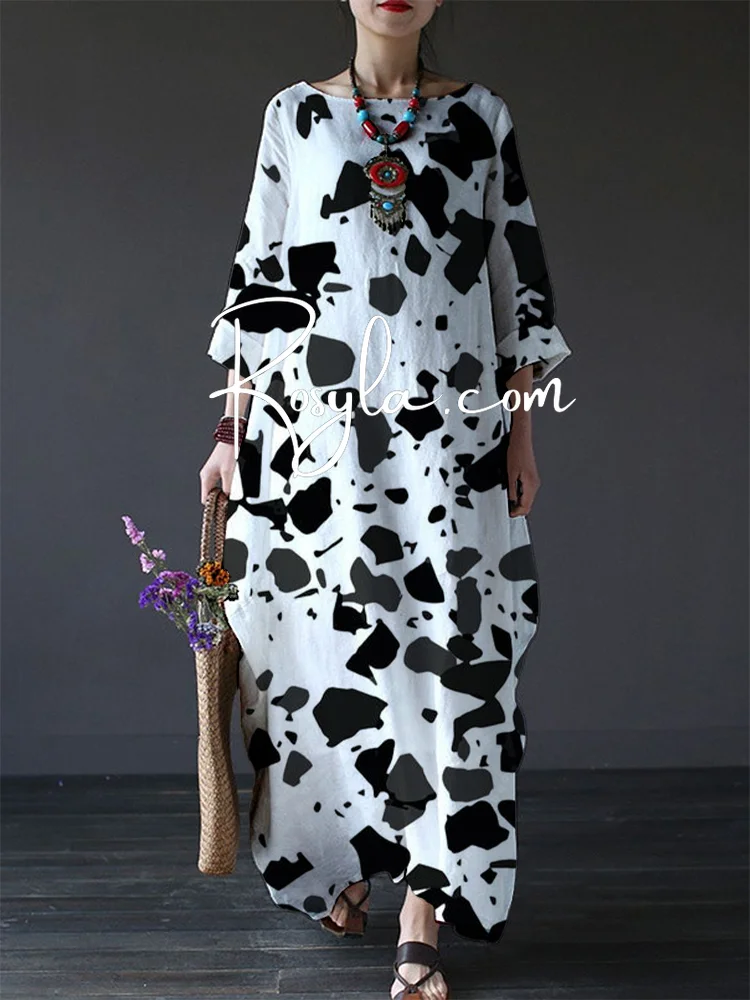 Women's Casual Black & White Print Loose Round Neck Medium Length Dress