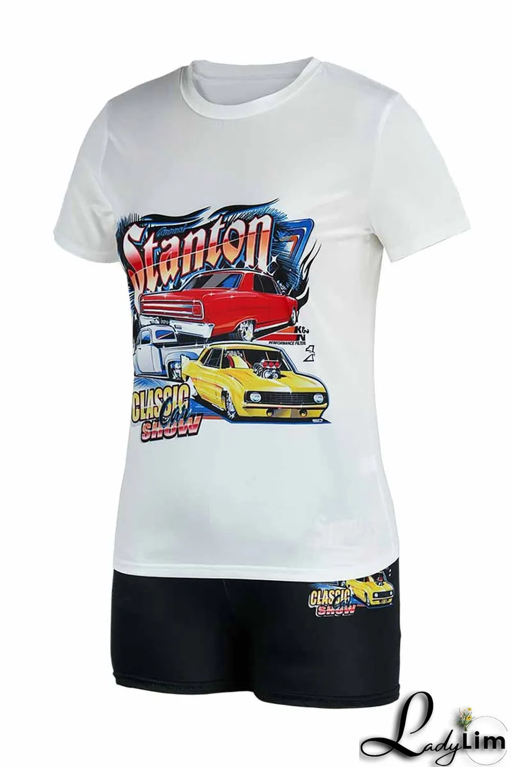 Black Yellow Fashion Casual Print Basic O Neck Short Sleeve Two Pieces