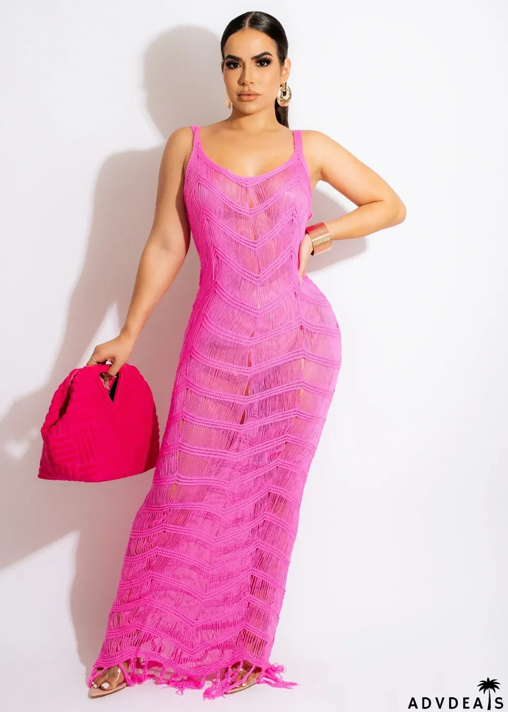 Sexy Knit Tassel Hollow Out Sling Maxi Dress