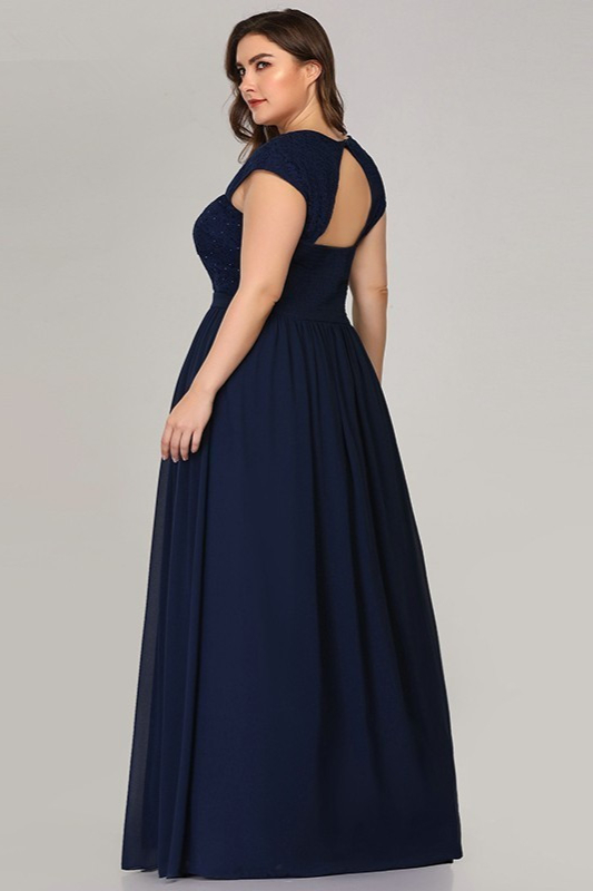 Glamorous Cap Sleeve Navy Evening Gowns Long Chiffon Lace Plus Size ...
