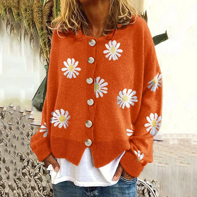 Autumn Winter Casual Knitted Outerwear Women Elegant Single-breasted Straight Sweater Coats Fashion Printed Long Sleeve Jackets
