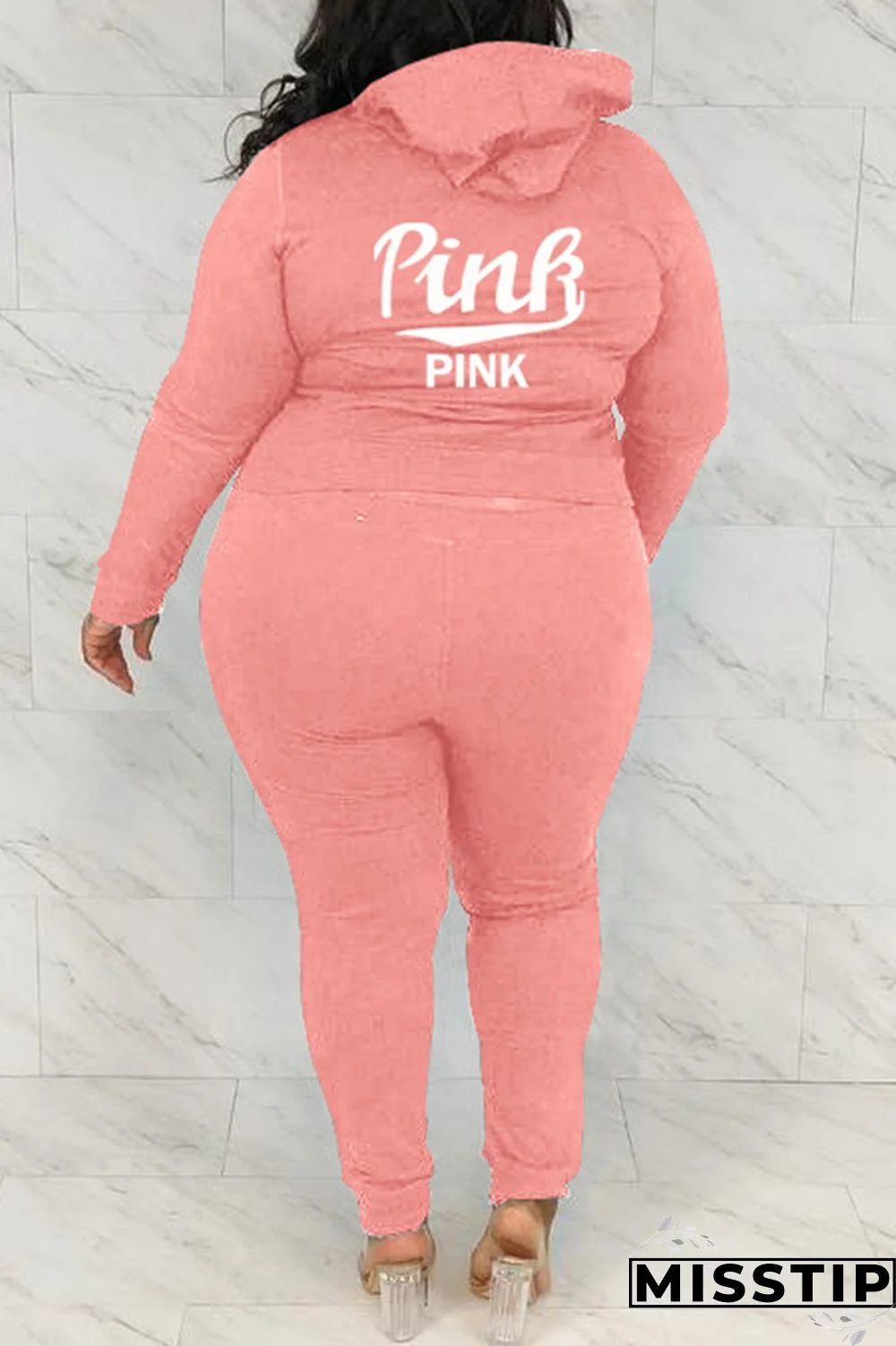 Black Fashion Casual Letter Print Basic Hooded Collar Plus Size Two Pieces