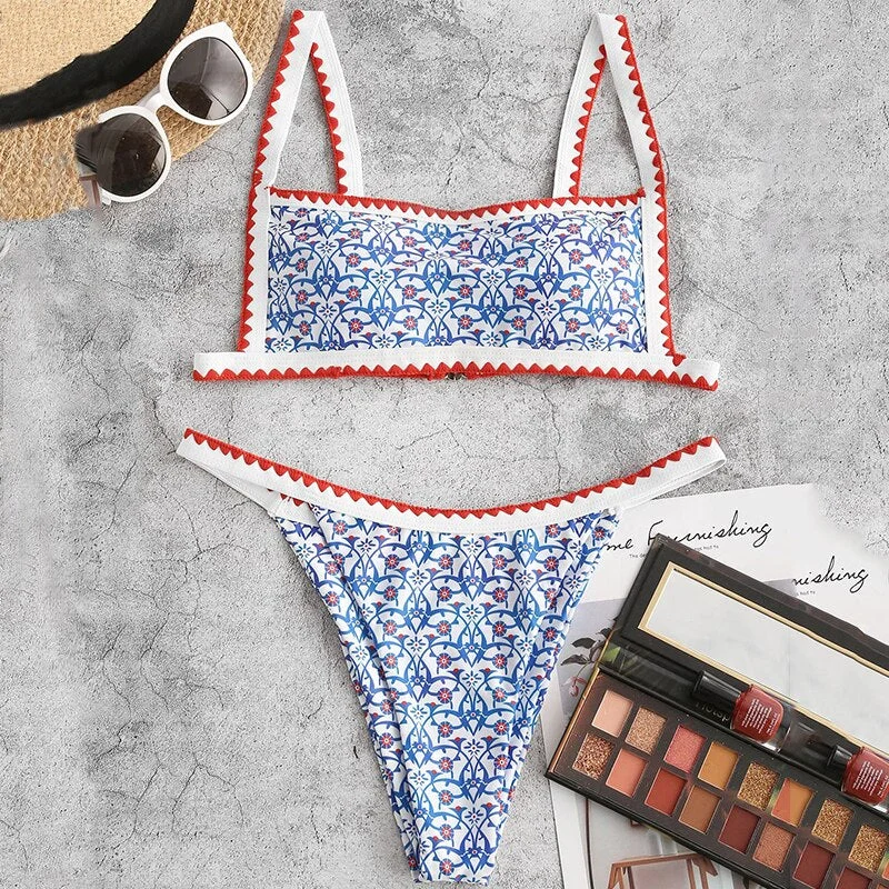 Peachtan Bandeau swimwear female print bikini 2021 High cut swimsuit women High cut bathing suit Sports 2 pieces set biquini new