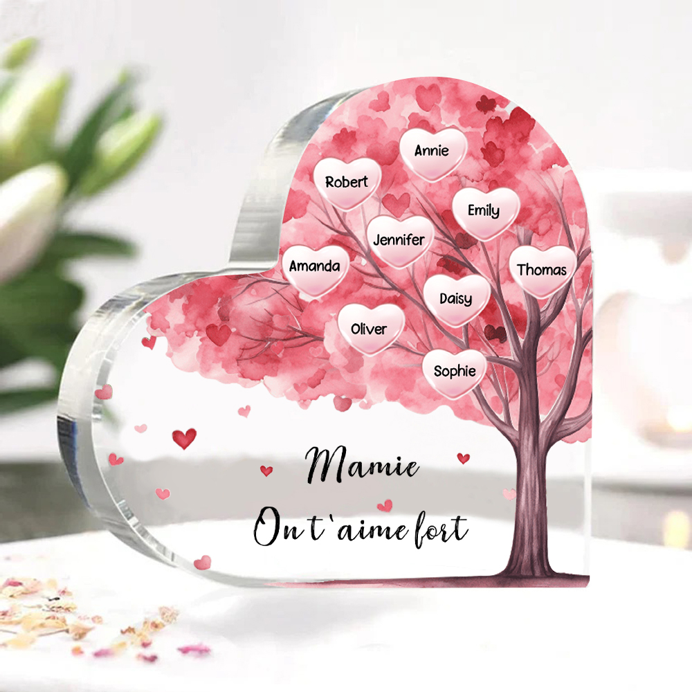 À ma Maman/Mamie - Plaque Acrylique Arbre en Forme de Cœur 9 Prénoms Personnalisés avec 1 Texte