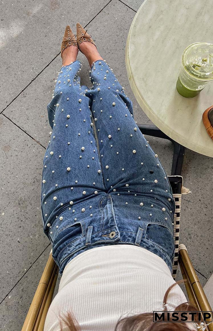 Women's Clothing Beaded Straight Denim Trousers