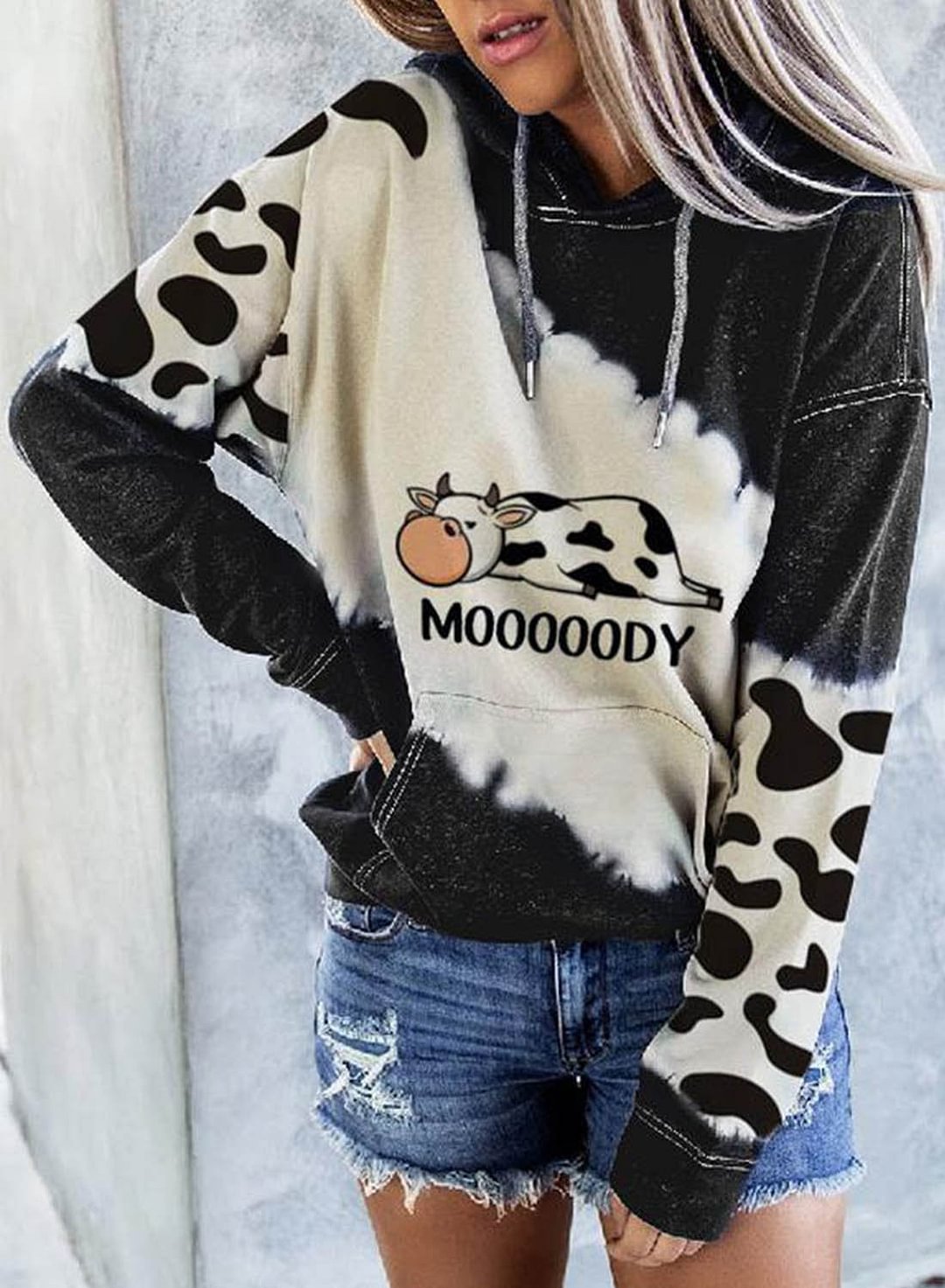 Moody Cow Print Hooded Sweatshirts Women's Pockets Long Sleeve Hoodies ...