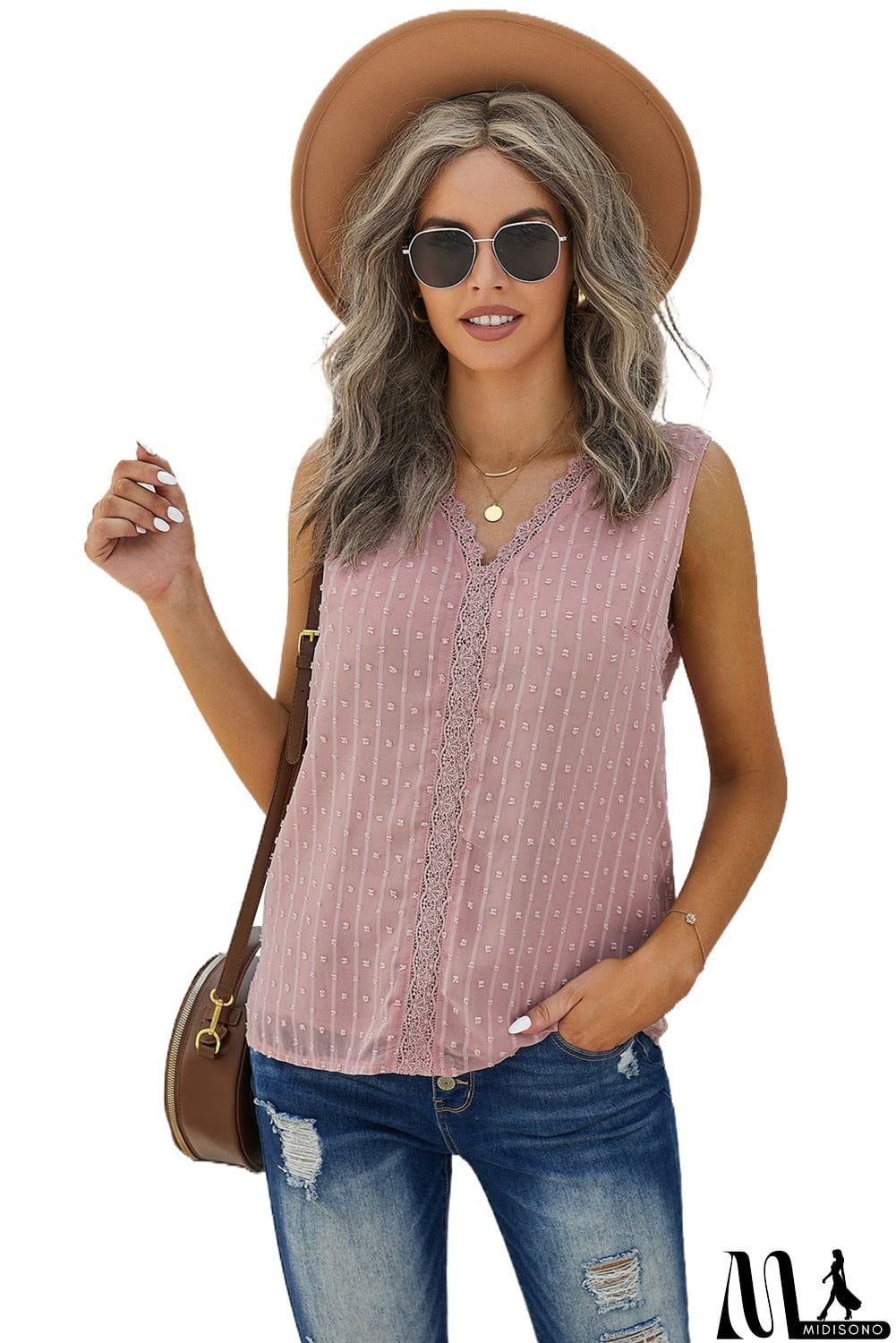 MidiSono - Crochet V Neck Textured Tank Top