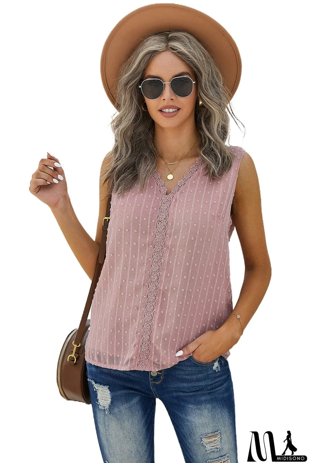 MidiSono - Crochet V Neck Textured Tank Top