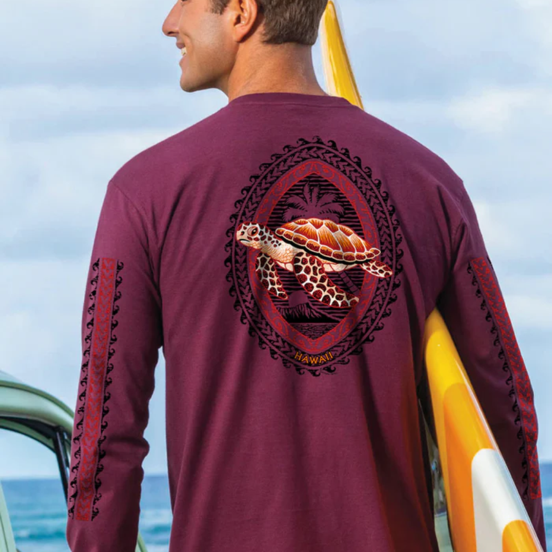 Men's Surfing Long Sleeved Round Neck Beach Sea Turtle Printed T-shirt