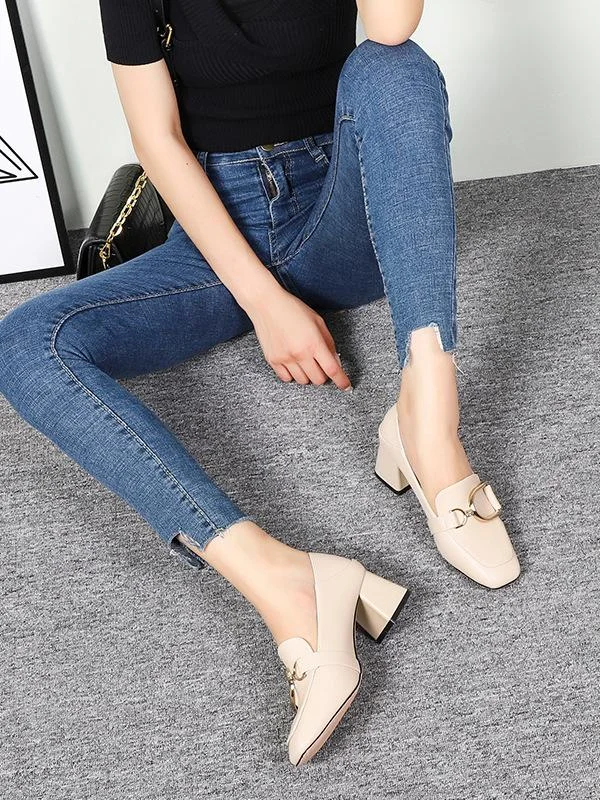 Metal buckle casual high-heel loafers thick heel square toe two-wear women's shoes
