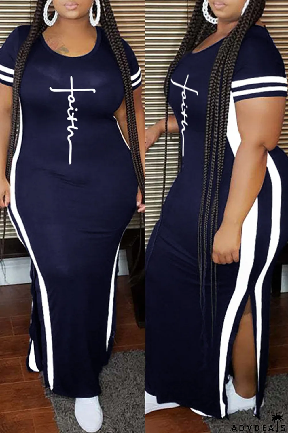 Tibetan Blue Fashion Casual Plus Size Print Slit O Neck Short Sleeve Dress