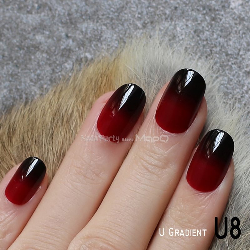Oval fake nails Red and black gradient Gothic Medium H shape Vampire color