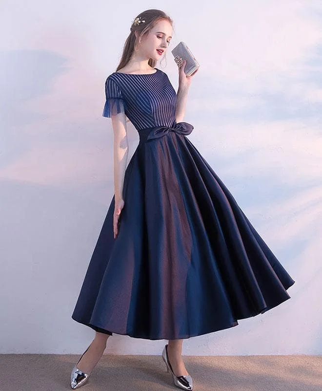 Unique Dark Blue Tea Length Prom Dress, Homecoming Dress