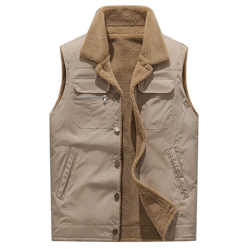 Huiketi Winter Fleece Vests Men Solid Color Warm Sleeveless Jacket Mens Thick Windproof Waistcoat Turn Down Collar Casual Vest Men