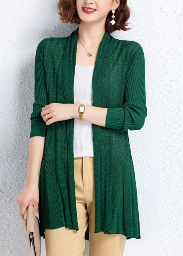 Unique Green Hollow Out Wrinkled Patchwork Knit Cardigan Fall
