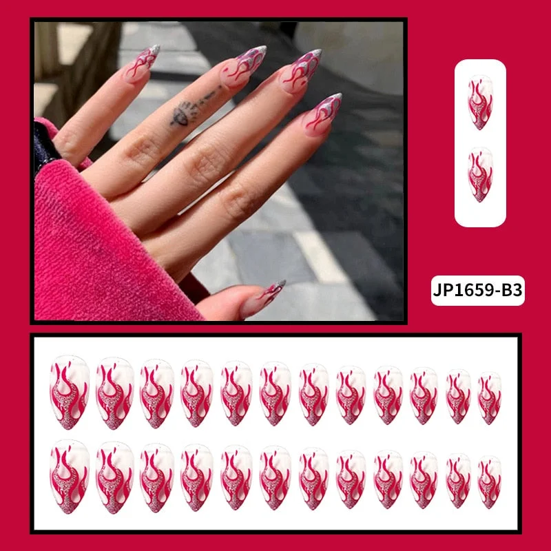 24PCS Dark Punk False Nails with Glue Gradient Long Detachable Fire Stick on Nails Skull Flame  Art DIY Fashion Manicure Tool-Nail Inspo