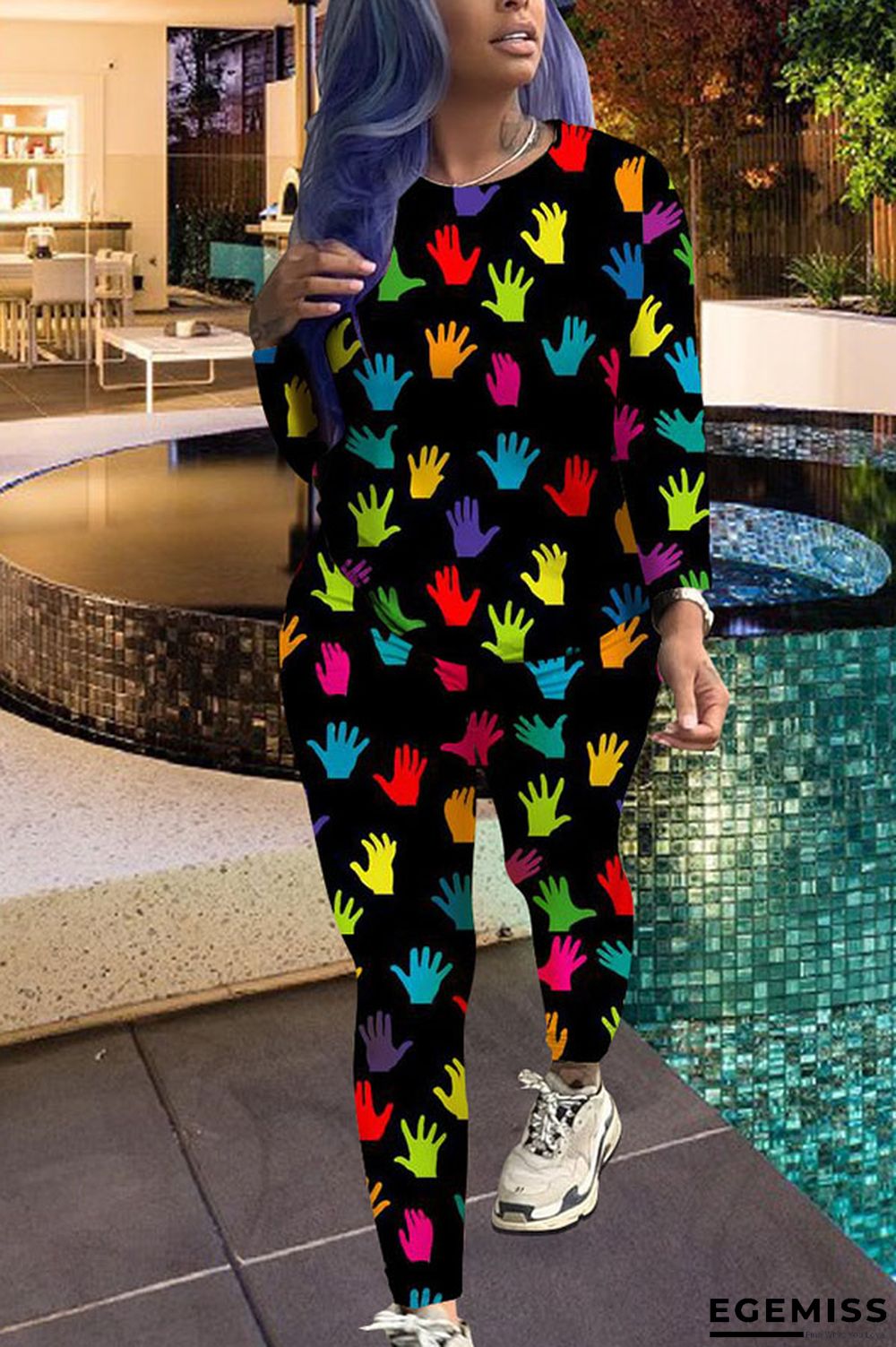 As Show Fashion adult Casual Fluorescent Print Two Piece Suits Gradient contrast color pencil Long | EGEMISS