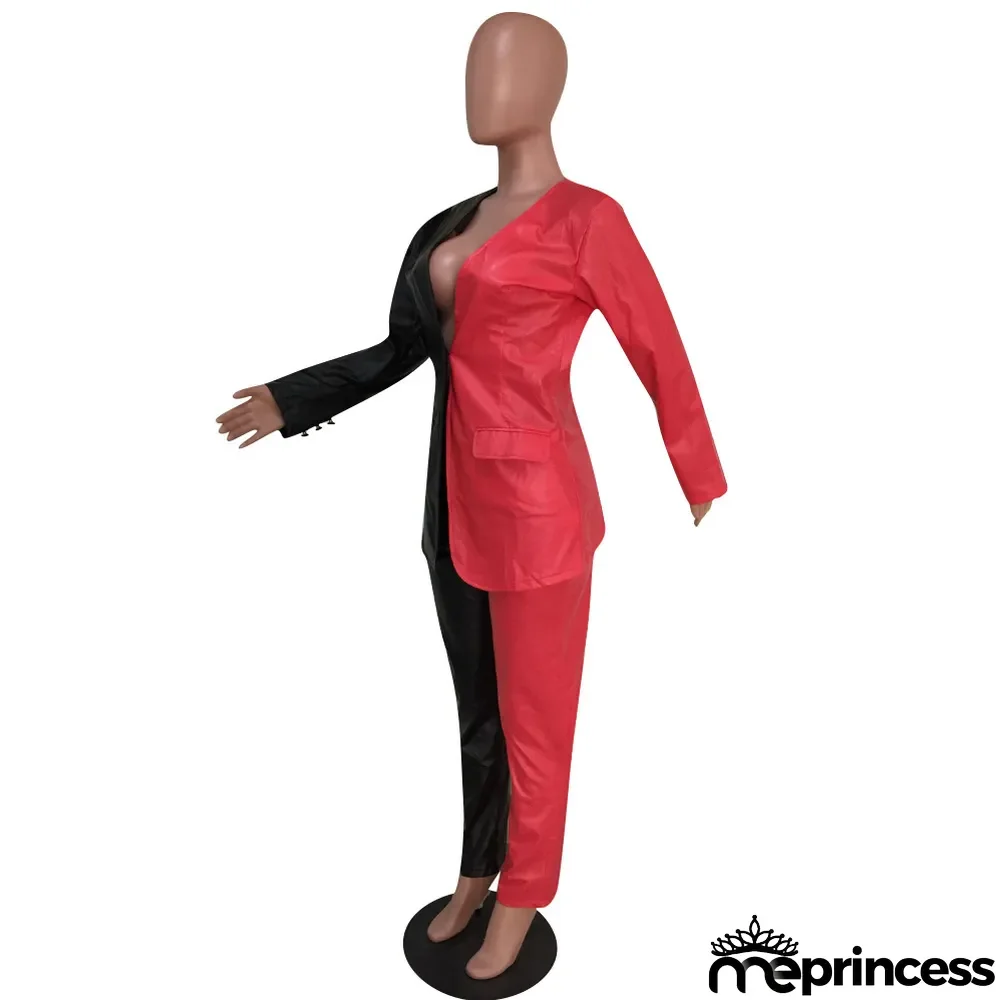 Fashion PU Soft Leather Suit Splicing Temperament Suit