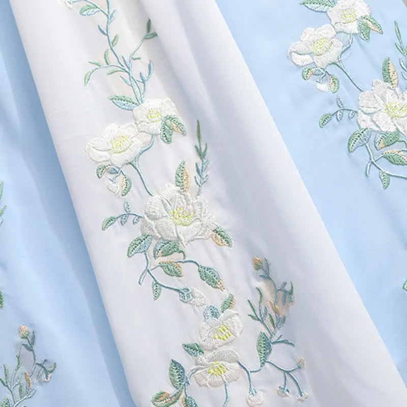Vintage Hanfu Floral Embroidery Shirt Skirt Two Pieces Set