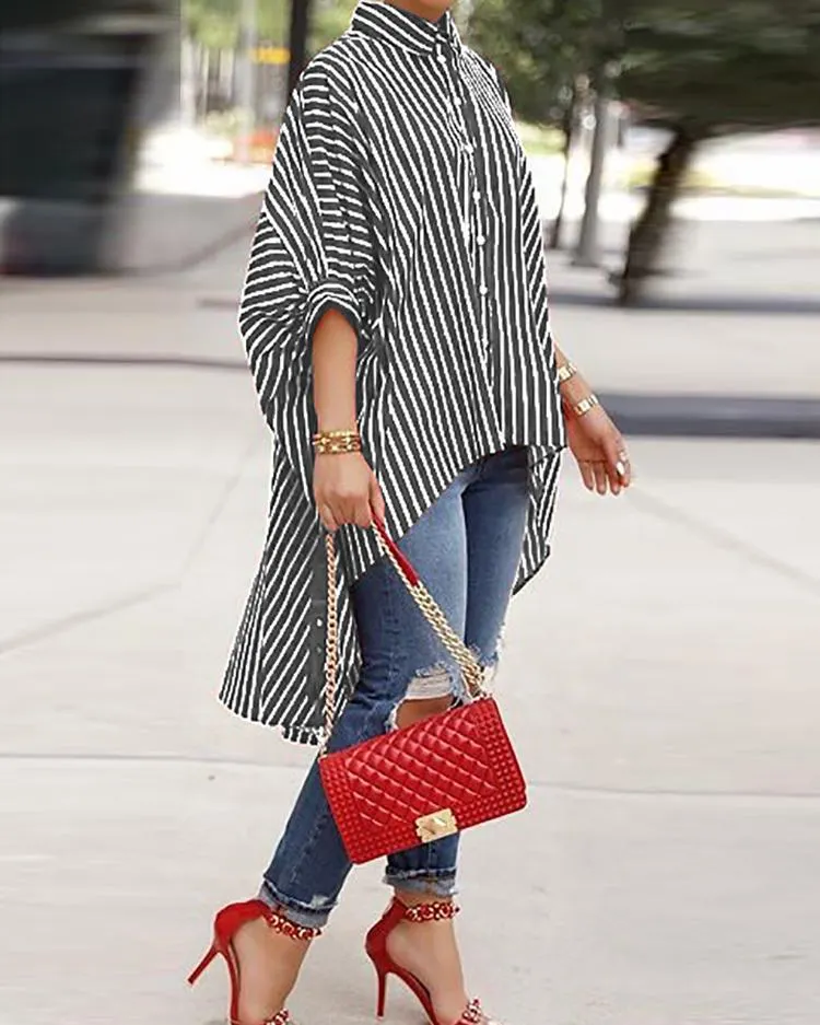 Brownm Button Comfortable Versatile Loose Striped Shirt