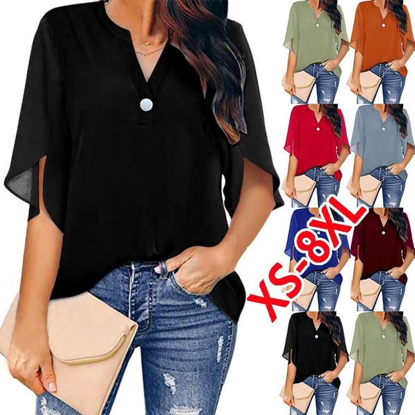 Womens Plus Size Clothing Spring Summer Tops for Women Half Loose Sleeve Blouses Deep V-neck T-shirts with Zipper Ladies Fashion Solid Color Chiffon Shirts - Shop Trendy Women's Fashion | TeeYours