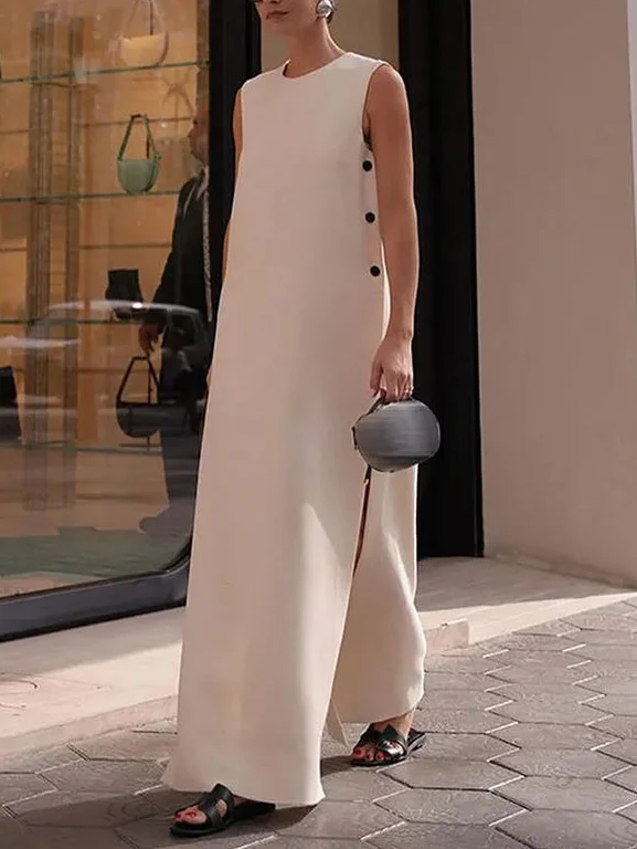 Loose Sleeveless Solid Color Split-Side Round-Neck Maxi Dresses