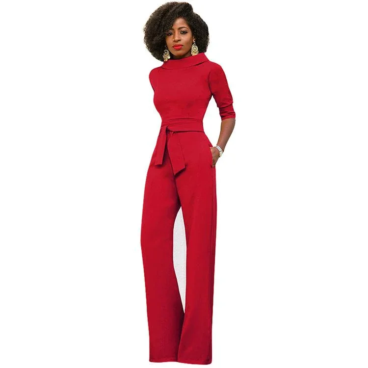 New Fashion Women's Solid Color Lapel Five-point Sleeve High Waist Wide Leg Jumpsuit | 168DEAL