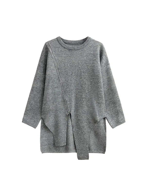 Street Grey Round-neck Zipper Decor Irregular High-low Hem Long Sleeve Sweater 