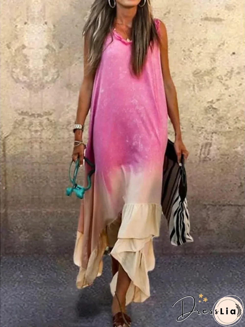 Women's A-Line Dress Midi Dress Sleeveless Tie Dye Summer Hot Casual Purple Fuchsia Light Green Light Blue S M L XL XXL 3XL