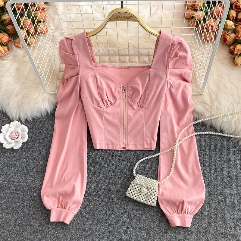 Tlbang Sleeved Women Shirts Spring Autumn Puff Sleeve Slim Zipper Solid Cropped Blouse Court Style Party Tops