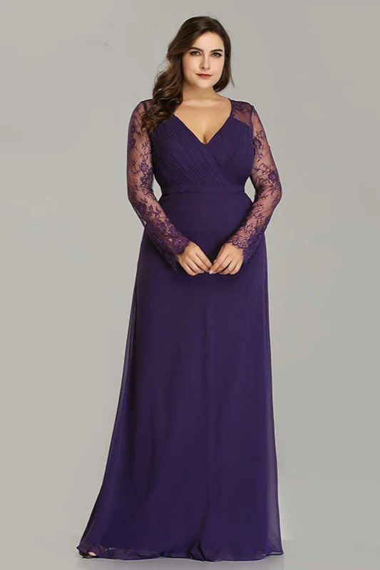 Plus Size Long Sleeve Lace V-Neck Evening Dress Online