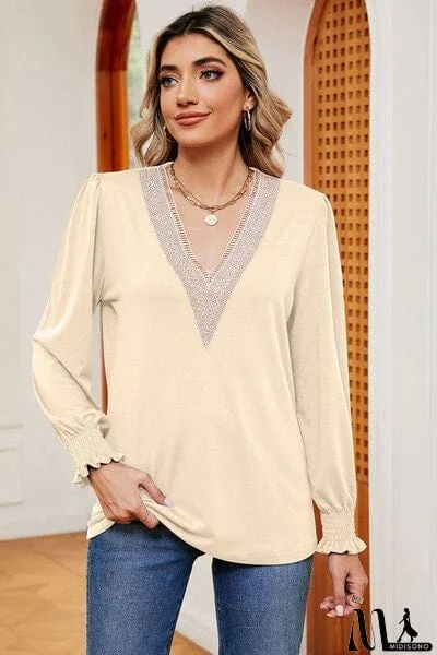 MidiSono - Lace Detail V-Neck Lantern Sleeve T-Shirt