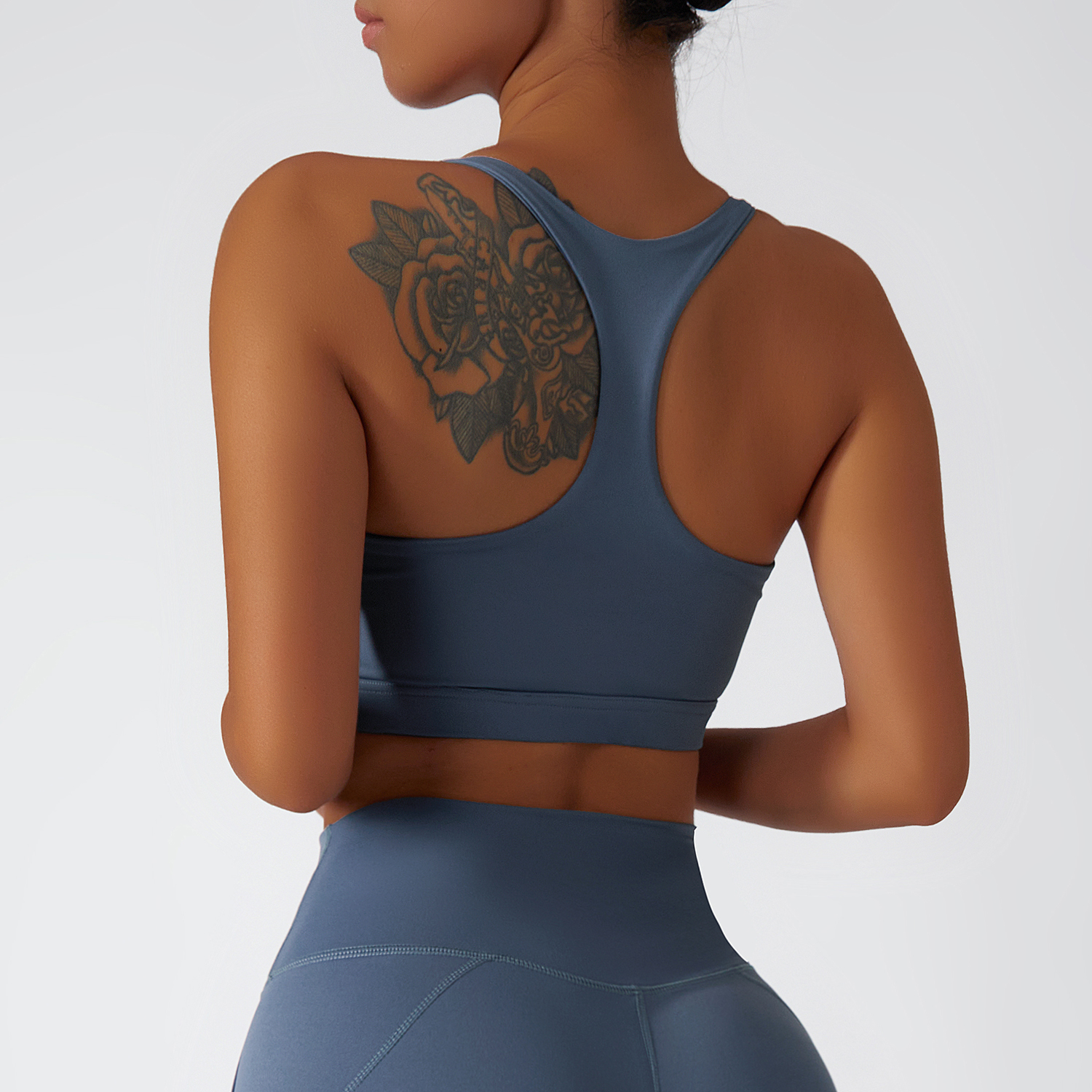 Hergymclothing Haze Blue sustainable recycled 4 way stretch ethically made naked feel high support racerback running sports bra with removable online shopping