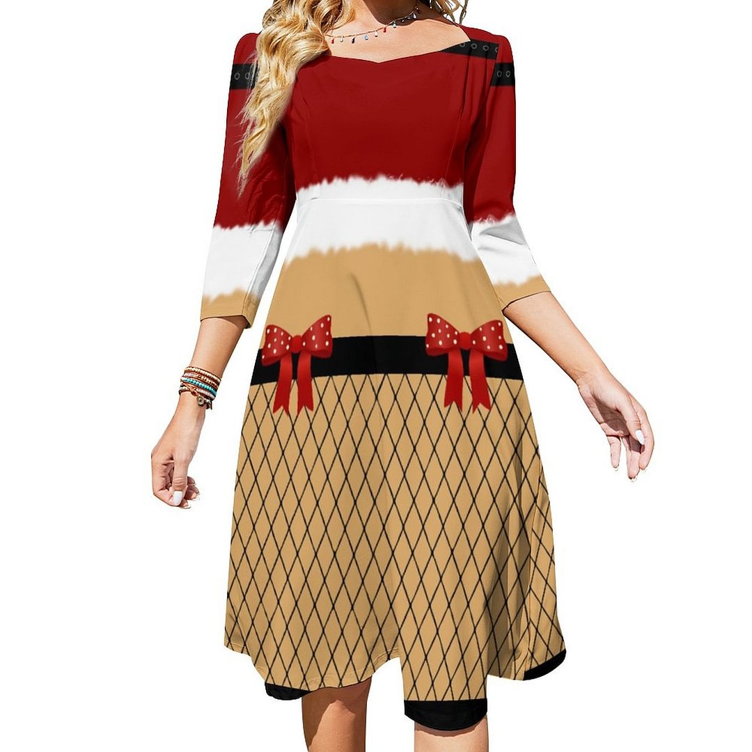 Sexy Santa Helper Girl Cute Christmas Theme Dress Sweetheart Tie Back Flared 3/4 Sleeve Midi Dresses
