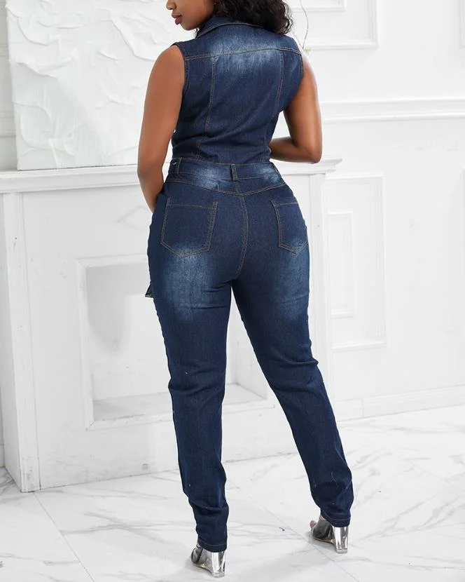 tlbang Woman Long Jumpsuits Elegant Ottd Buttoned Pocket Design Sleeveless Denim Skinny Jumpsuit New Fashion Casual One Pieces